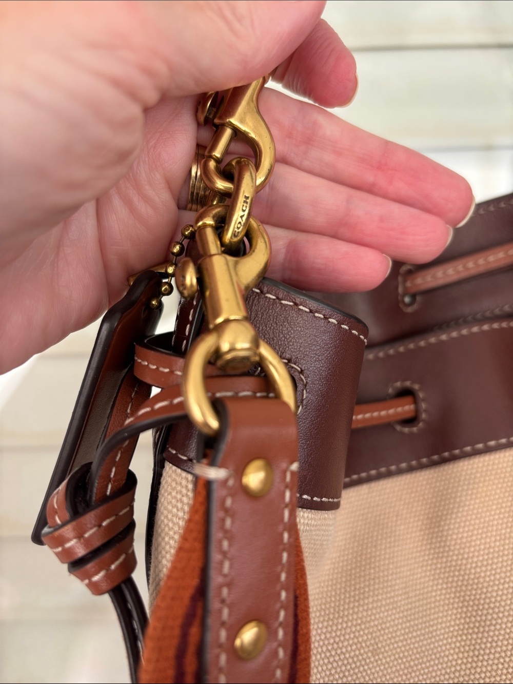 Coach Beige Canvas and Brown Leather Bucket Shoulder Bag w/crossbody strap - Picture 12 of 14